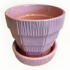 Vtg 1950’s McCoy Pottery Pink Basketweave Planter & Saucer 4" Tall  *Inner Crack