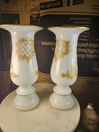Antique Bohemian Vase Pair Gilt Opaline White Glass Victorian Era