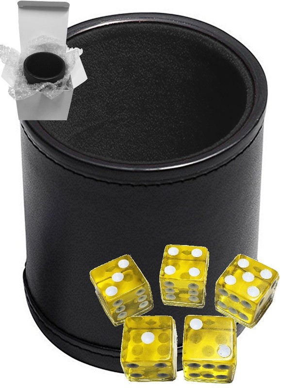 5 Yellow Transparent Dice Squared Corners +PU Leather Black Felt Lined Cup Boxed