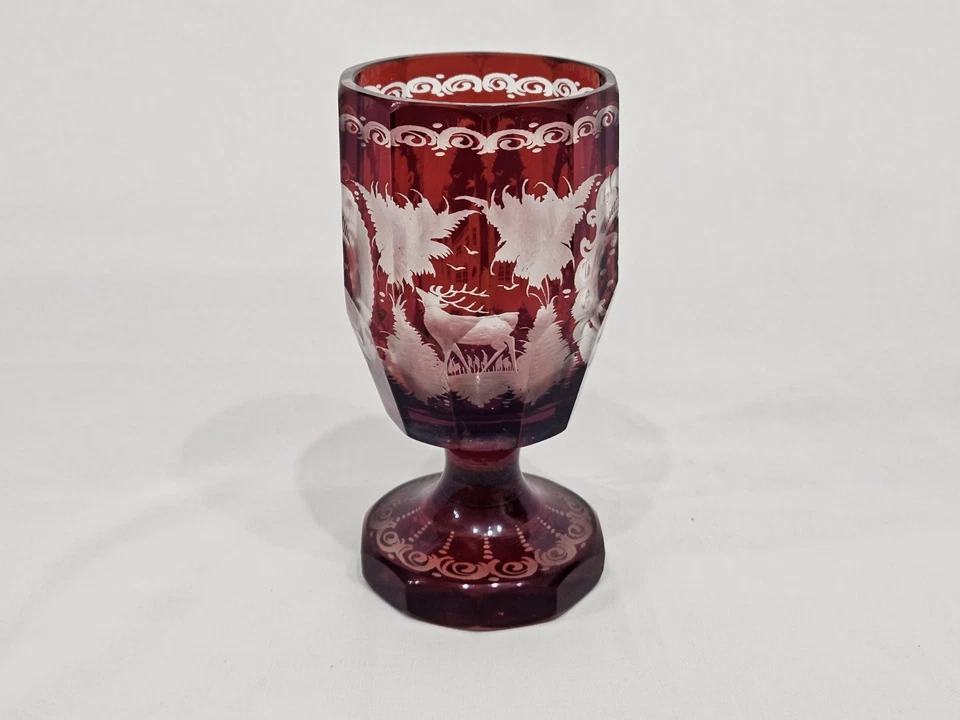 Set of 3 Vintage Crystal Ruby Red Cut to Clear Cups - Czech Bohemian Glassware  - Image 2 of 4