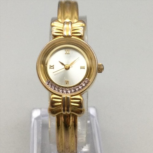 Vintage Avon Croquette Bow Womens Watch 22mm Gold Tone Floating Crystals 6.25"
