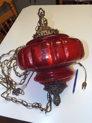20''tall x 12'' CRACKLE Ruby Red Glass BRASS Chain Vtg SWAG Lamp Light Fixture