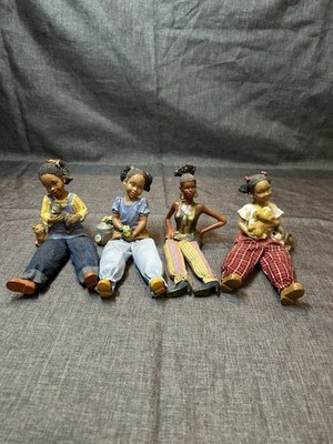 Set of 4 African Girl Figures with Animals, Detailed Clothing & Accessories