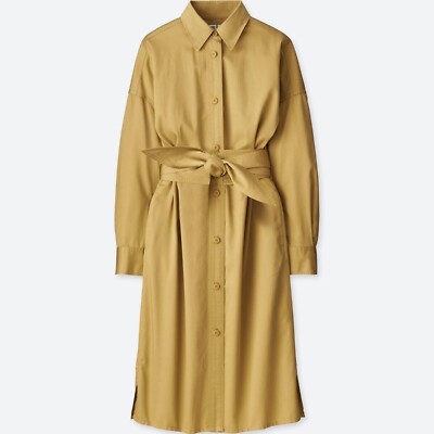 UNIQLO U Cotton Satin Long-Sleeve Shirt Dress in Beige Yellow Size Medium M  | eBay