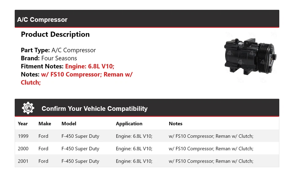 Compresor de aire acondicionado para Ford F-450 Super Duty 1999-2001 6,8 L V10 4 estaciones 2000 Foto 2 de 4