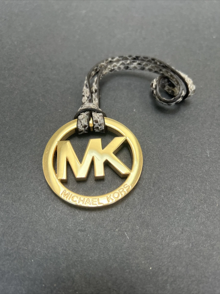 MK Michael Kors LARGE Gold Tone Purse Bag Charm Fob Gray Snakeskin Leather