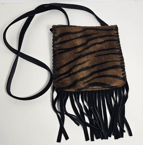 Vintage FOSSIL Tiger Suede Black/Orange Leather Crossbody Purse Bag Logo