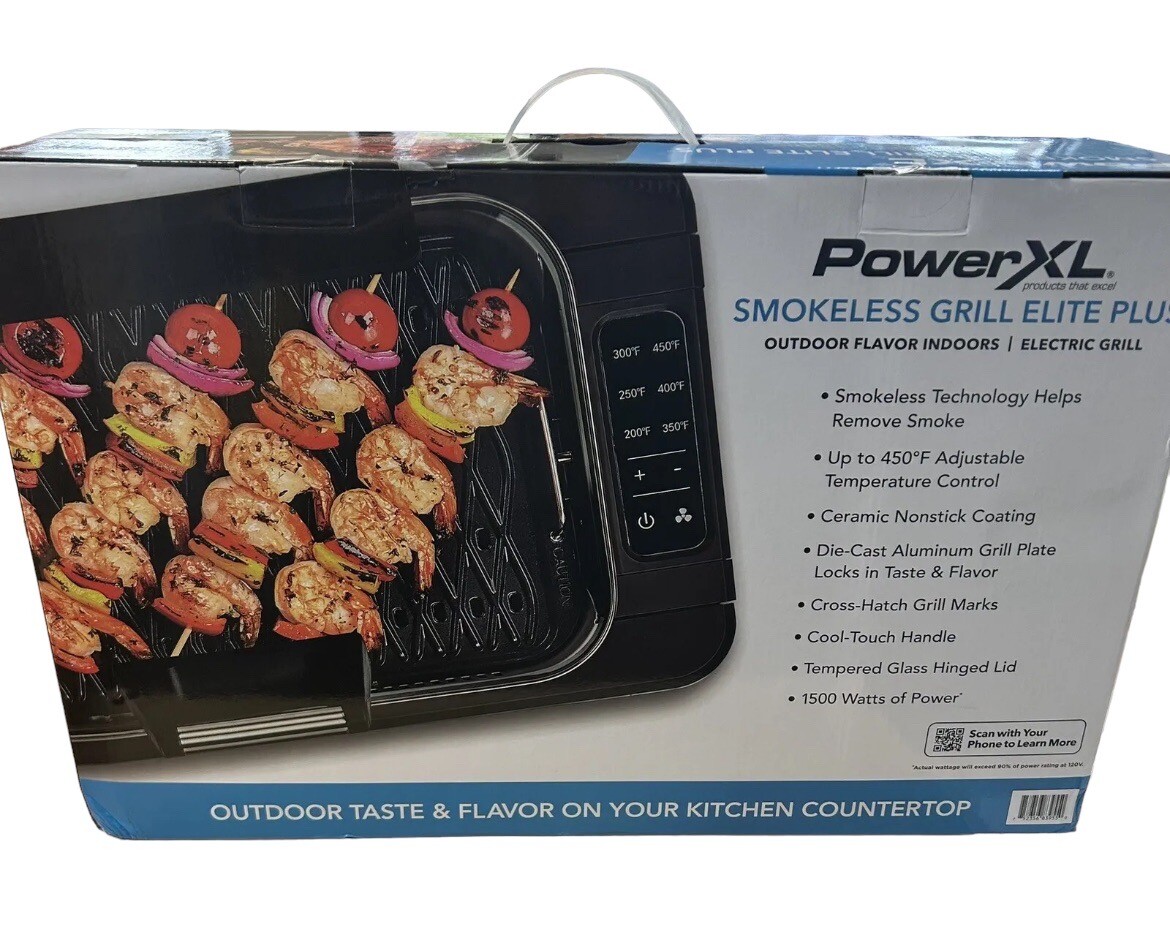 Power XL Smokeless Grill Elite Plus Family Size Black and Silver SMG01