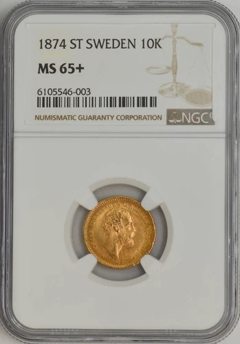 1874 ST Sweden 10 Kronor .1296 AGW MS65+ NGC 944081-32