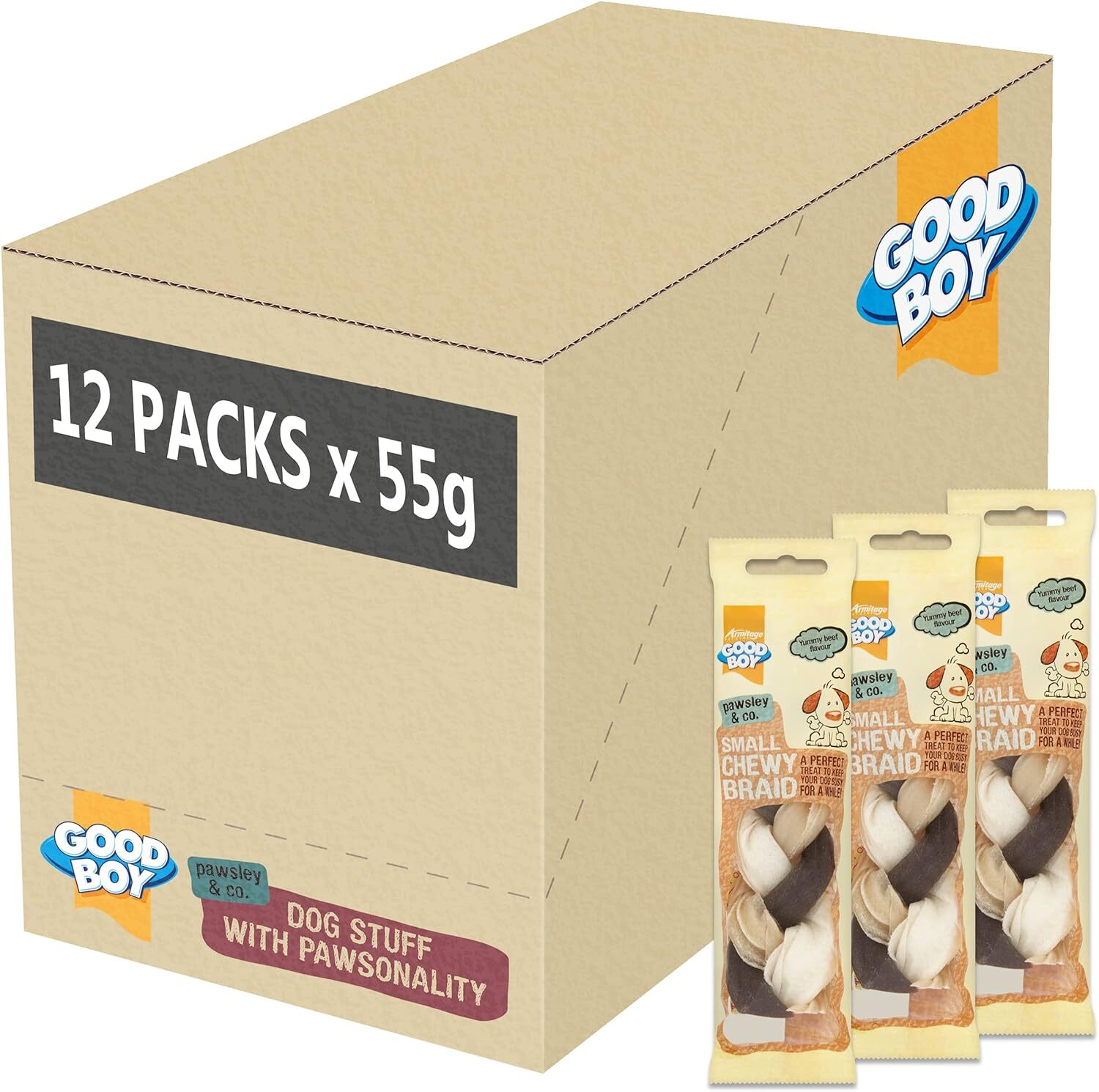SMALL CHEWY BRAID GOODBOY DOG CHEWS BEEF FLAVOURED HIDE TREATS 55G CASE OF 12