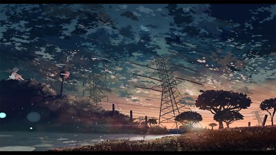Anime utility pole power lines sky clouds sunset girls CCG Gaming Mat Desk