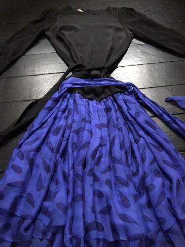 vintage 80's black blue silk chiffon drop waist dress  - Picture 1 of 9