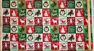 Comfort and Joy Cardinal Squares Sleigh Reindeer Christmas Fabric 24'' x 42 #8654