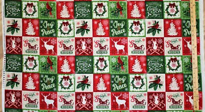 TIMELESS TREASURES Comfort and Joy Cardinal Squares Sleigh Reindeer Christmas Fabric 24" x 42 #8654