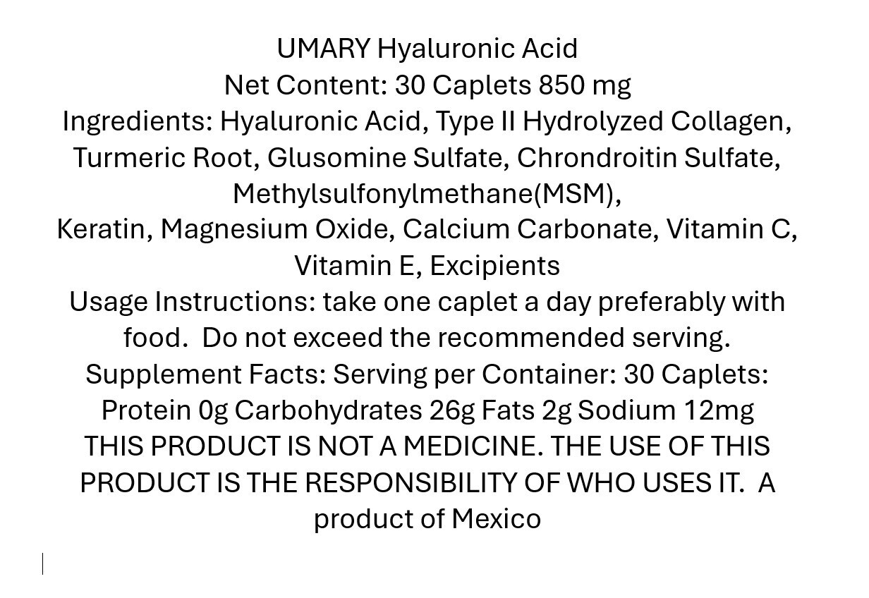UMARY Hyaluronic Acid 30 caplets 850 mg Enter Make offer for discounts