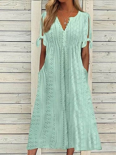 Maxi Sommerkleid mit Knöpfen V-Ausschnitt Ösen Strand Boho Urlaub und Taschen - Bild 17 von 32