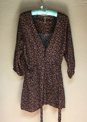 Free People Womens Small Black Pink Floral Clara Tunic Blouse 3/4 Sleeve Casual
