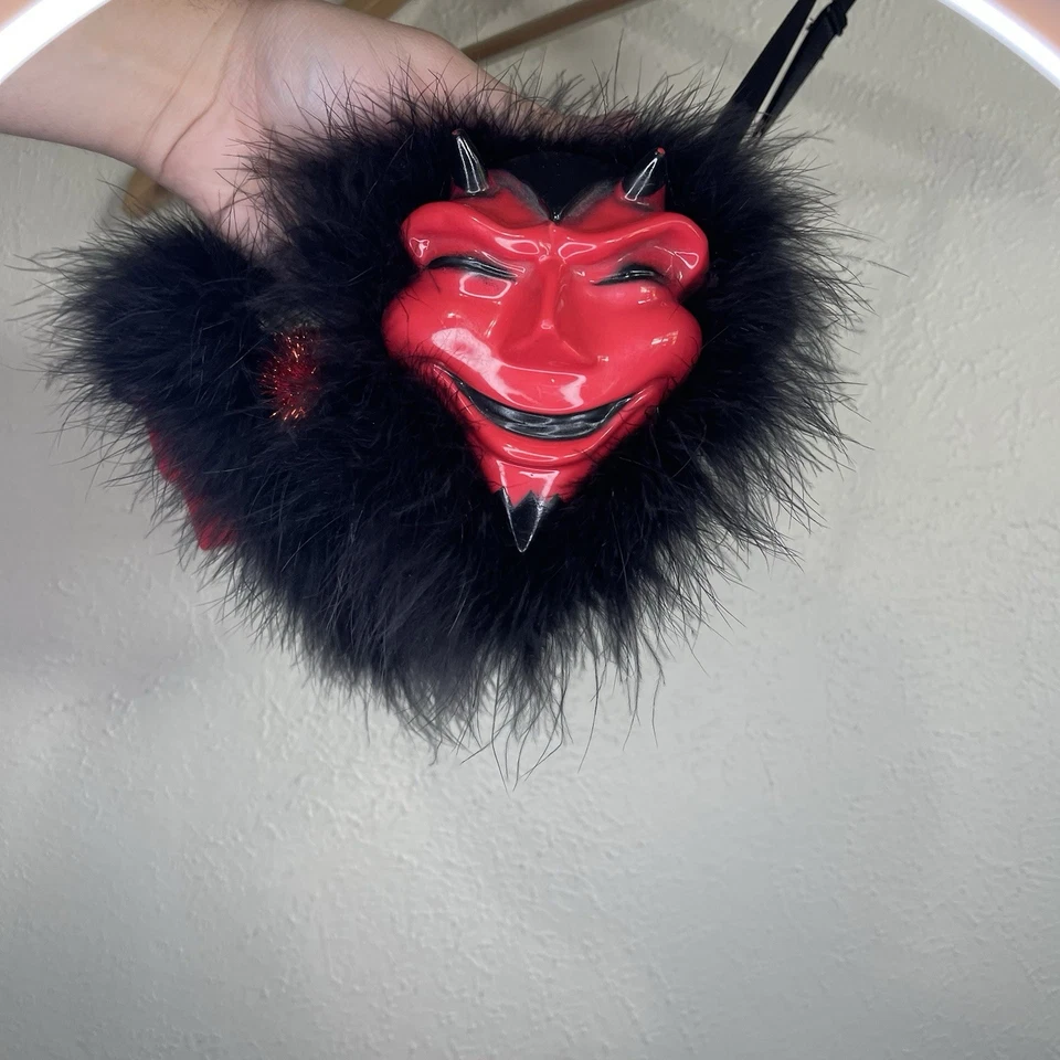 Y2K Angela Zampelli Mode Merr Devil Mask Bra 32B Black Faux Fur Red Demon - Image 3 of 4