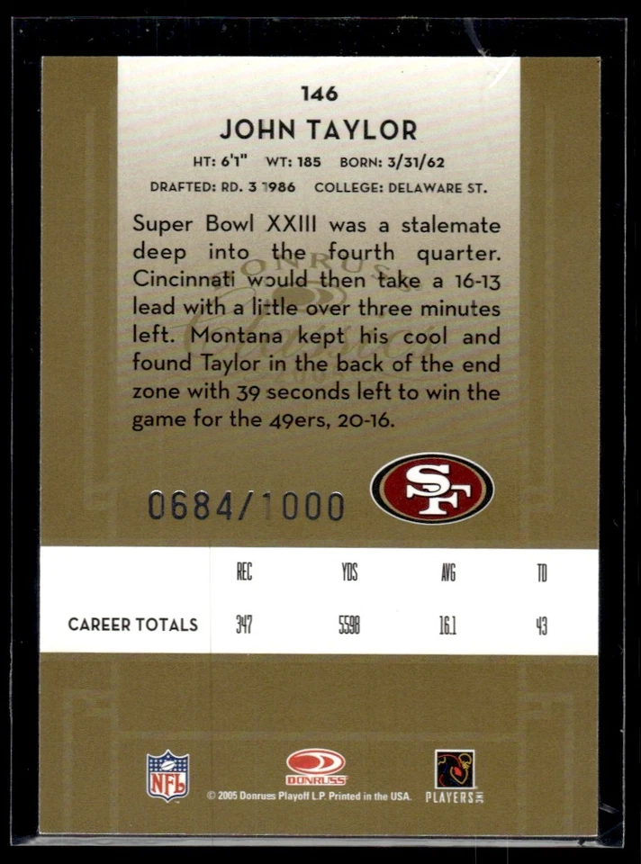 2005 Donruss Classics John Taylor 0684/1000 San Francisco 49ers #146 - Image 2 of 2