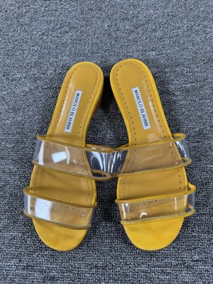 マノロブラニク　イエローレザー クロスストラップ サンダル Manolo Blahnik Sandals Womens 7 Yellow Clear PVC Slide Flat