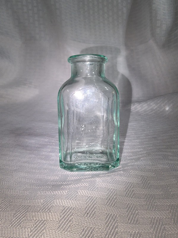 Antique Aqua glass bottle small 2 1/2 fl oz 7 on bottom cork top apothecary