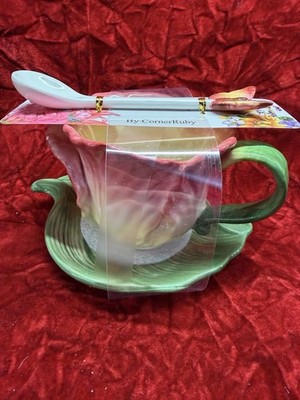 Garden Collection Corner Ruby Flower Cup & Petal Saucer w/Butterfly Spoon New