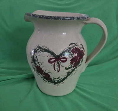 Casey Art Pottery Pitcher Heart Wreath 8'' Hand Painted Made in USA Vintage