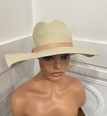Hat Attack Womens Woven Raffia Harbor Straw Hat Leather Trim Pinched Crown OS