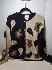 Christopher  Banks Hand Embroidered Button Up Cardigan, Woman's L, Ramie Blend