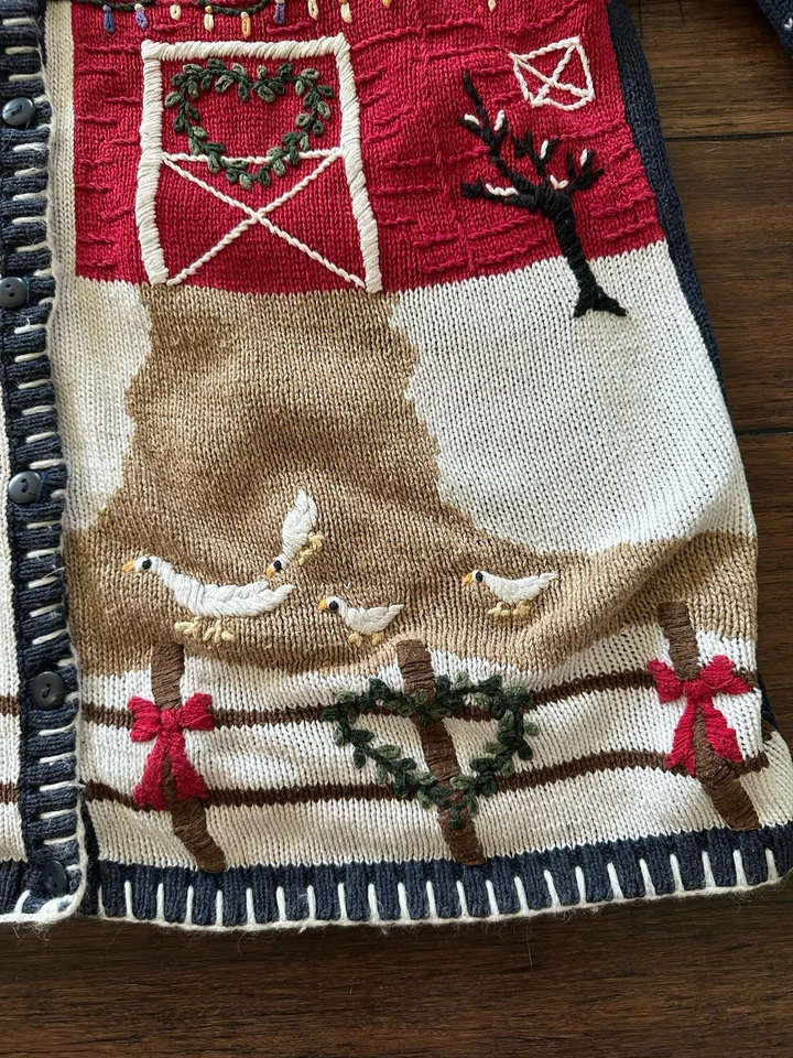 VTG Quacker Factory Medium Barn w/ Animals Christmas Sweater Cardigan Ducks Cow - Image 4 of 4