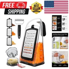 Elegant Kitchen Grater with Garlic Crusher & 3 Stainless Steel Blades - Compact