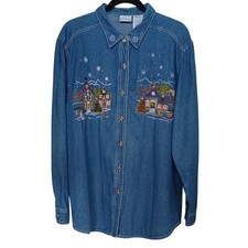 Vintage Bobbie Brooks Denim Shirt Women's XL Embroidered Christmas Village Scene