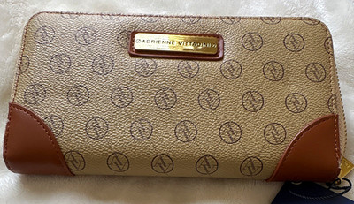 Adrienne Vittadini Beige/Brown Logo Zip-Around Wallet Credit Card Womens