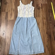VTG 90s Carolina Colours Blues Denim Dress Midi Coquette Cottagecore Sz 6 Small