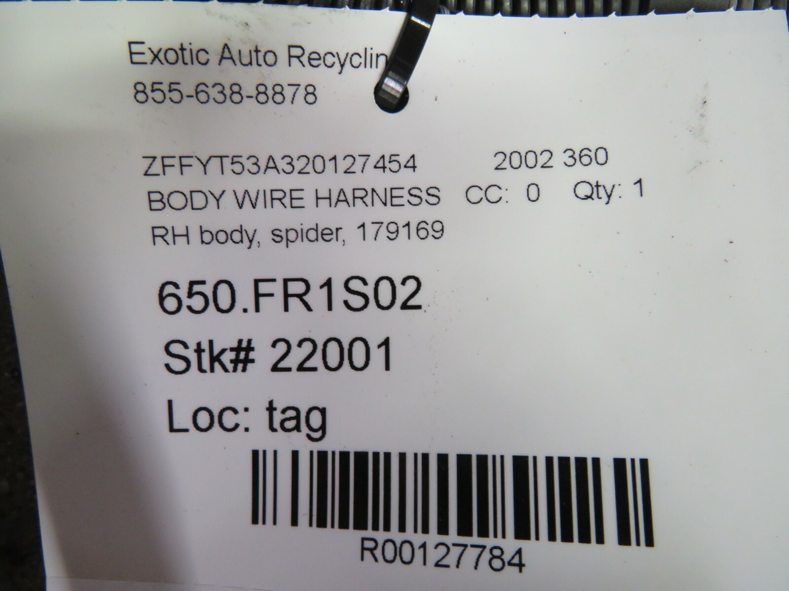 Ferrari 360, Spider, RH, Right, Body Wire Harness, Used, P/N 179169
