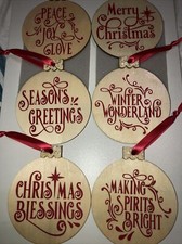 Round Wood Ornaments with Red Christmas Holiday Theme, Set of 6, Handmade, New