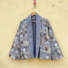 Cotton Kantha quilted Short Jacket Handmade floral Print coat for Women Kimono