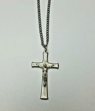 Silver Cross Crucifix on white enamel w/Stainless Steel Chain Necklace 22" Italy
