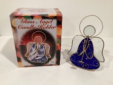 Cobalt Blue Stained Glass Angel Votive Candle Holder 7.5/8Playing Horn Tea Light