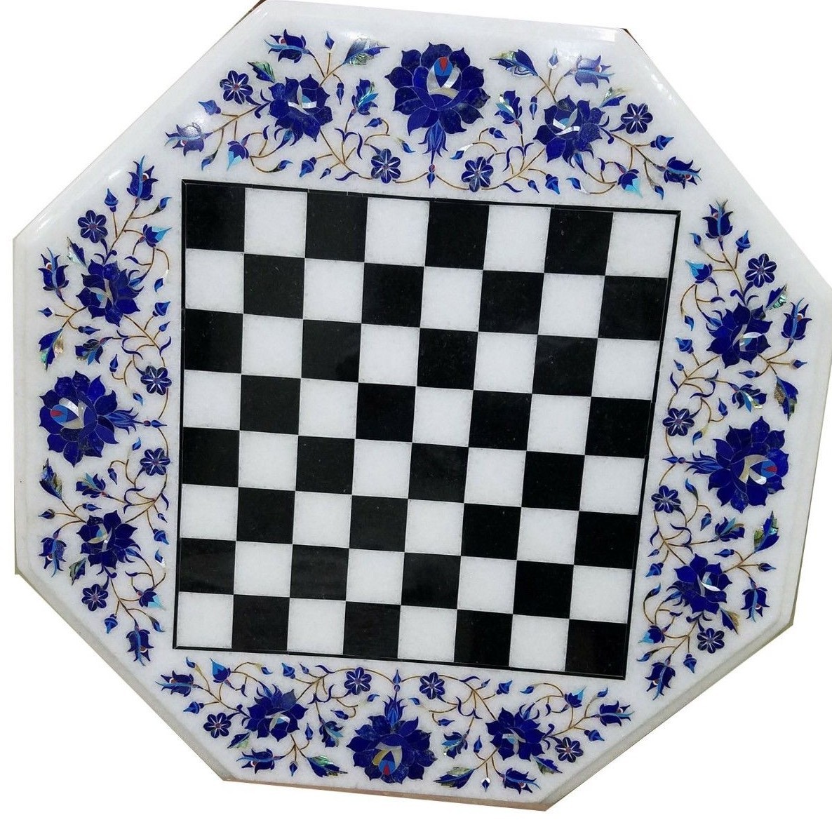 18-inch White Marble Chess Table Top with Lapis Stone Inlay for Home Decor