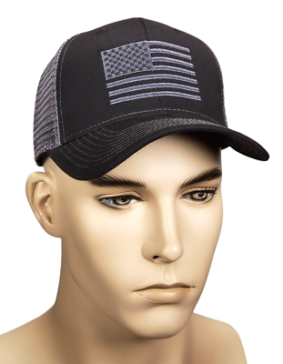 American Flag Trucker Hat - Black & Grey Embroidered USA Flag, Snapback Adjustable, Cotton/Poly Blend, Patriotic Cap