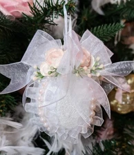 Shabby Cottage Chic Victorian Glitter Ball Christmas Ornament Pink Roses Bows