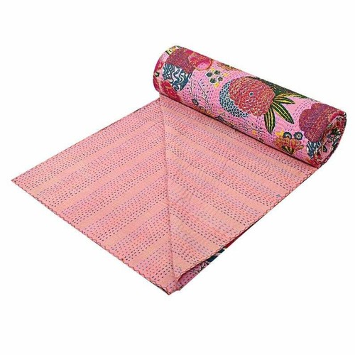 Handmade Kantha Throw Blanket Reversible Queen size Hippie Pink Cotton Kantha - Afbeelding 4 van 5