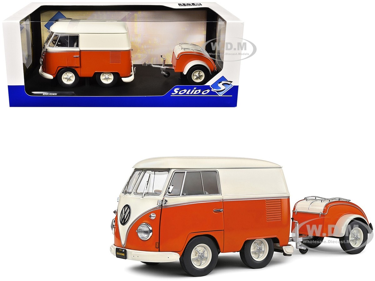 1950 VOLKSWAGEN KOOL KOMBI VAN W/TRAILER ORANGE & WHITE 1/18 BY