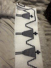Vintage Handmade Ethnic White Shawl With Navy Pattern And Fringe