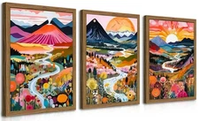 Wood Frame Boho Colorful Wall Art, Set of 3 Abstract Mountain Landscape Wall ...
