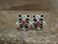 Native American Sterling Silver & Coral Butterfly Post Earrings by Waseta