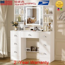 White Dressing Table w/3 Colors LED Lighted Mirror 7 Drawers Vanity Makeup Desk