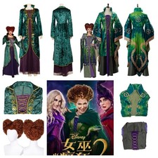 Hocus Pocus Winifred Sanderson Cosplay Costume Halloween Green Dress Witch Wig 