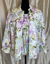Alfred Dunner Jacket Top Size 14 Floral Tropical Lavender Purple Blue Green